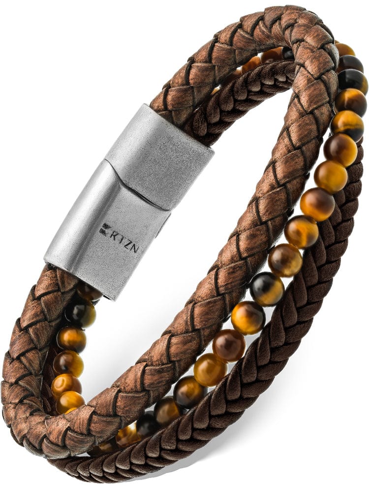 Stacked Brown Leather & Tiger Eye Bead Bracelet