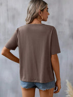 Women's Floral Embroidered Notched V-Neck T-Shirt – Short Sleeve Boho Lace Trim Top
