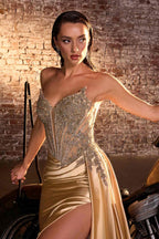 CLEARANCE - Ladivine CD722 Strapless Satin Fitted Emerald Evening Gown (Size 6)