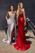 CLEARANCE - Ladivine CD722 Strapless Satin Fitted Emerald Evening Gown (Size 6)