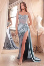 CLEARANCE - Ladivine CD868 Long Glamorous Lace Detailed Silver Gown Side Sash (Size 2)