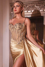 CLEARANCE - Ladivine CD868 Long Glamorous Lace Detailed Silver Gown Side Sash (Size 2)
