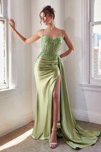 CLEARANCE - Ladivine CD868 Long Glamorous Lace Detailed Silver Gown Side Sash (Size 2)