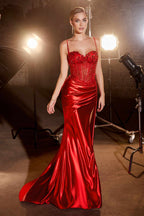 CLEARANCE - Ladivine CD868 Long Glamorous Lace Detailed Silver Gown Side Sash (Size 2)