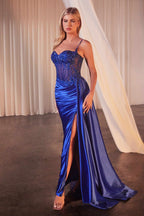 CLEARANCE - Ladivine CD868 Long Glamorous Lace Detailed Silver Gown Side Sash (Size 2)