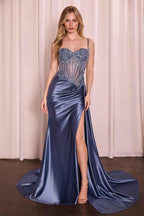 CLEARANCE - Ladivine CD868 Long Glamorous Lace Detailed Silver Gown Side Sash (Size 2)
