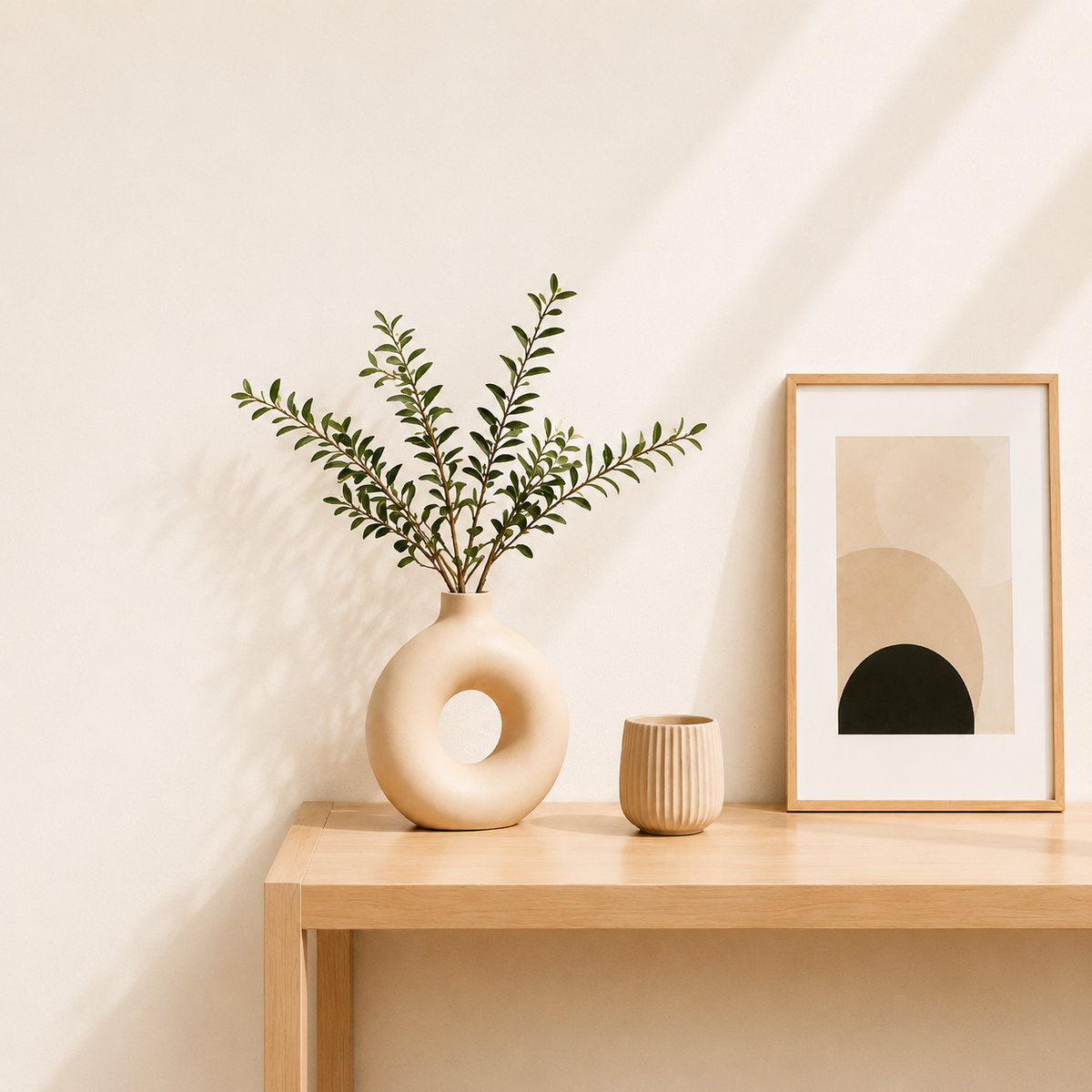 Minimal home decor with vase and framed wall art