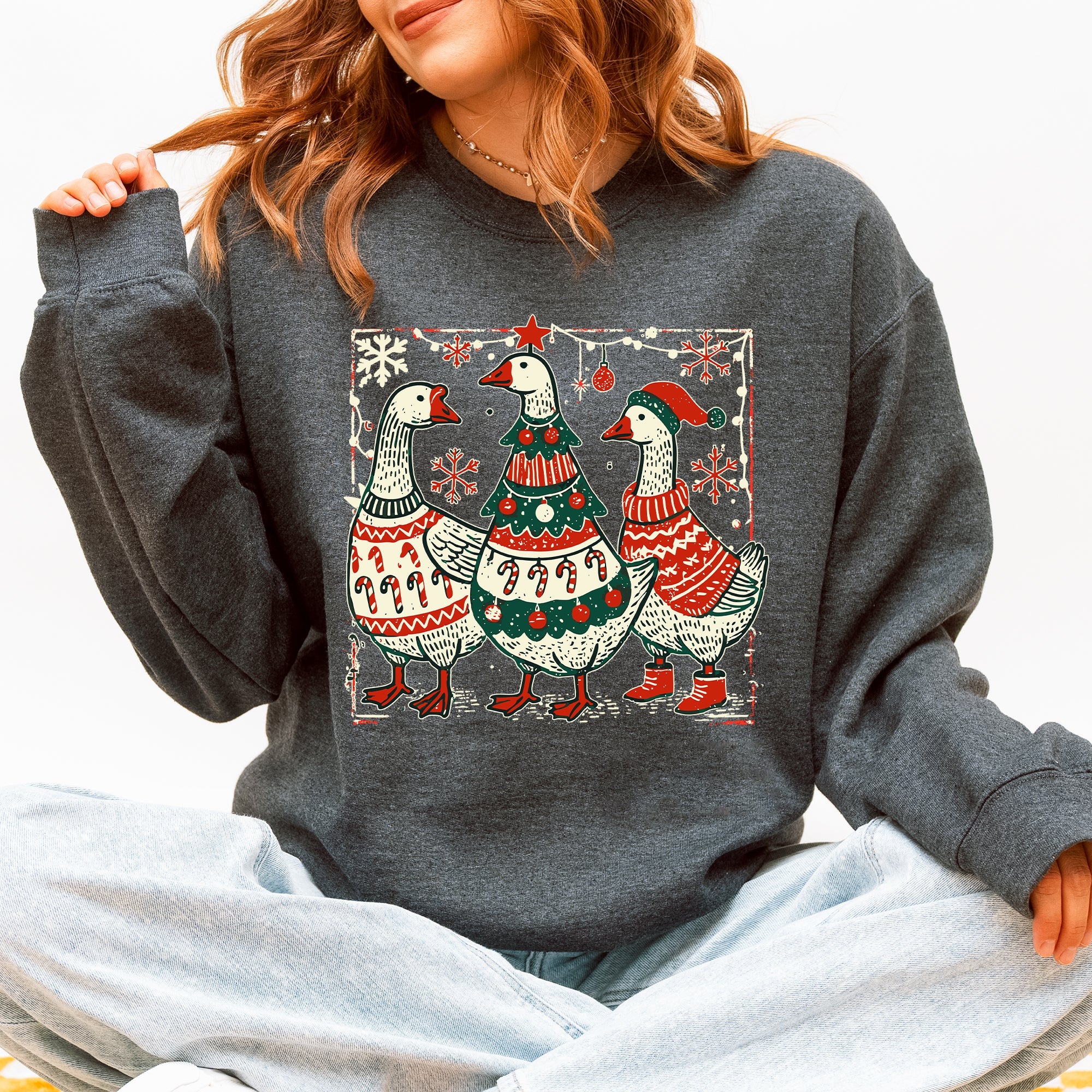 Christmas Geese Retro Festive Holiday Cheer Geese Pattern With Rustic Nordic Elements Sweatshirt