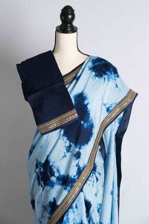 Blue Designer Shibori Saree with Embroidery Border