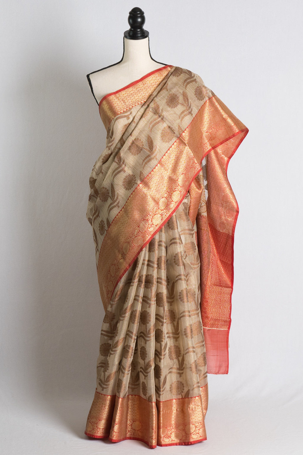 Zari Kota Banarasi Saree in Beige and Red