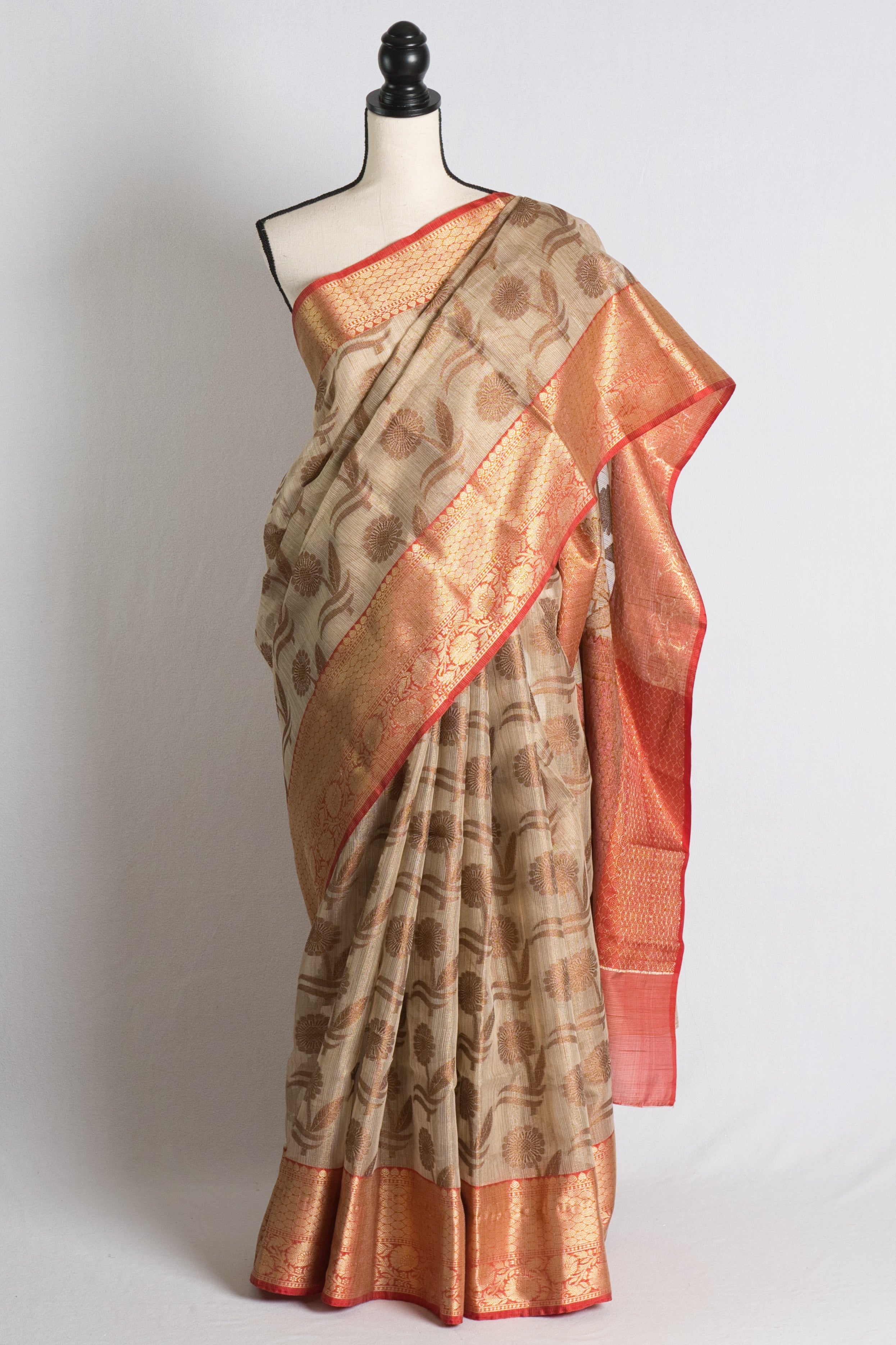 Zari Kota Banarasi Saree in Beige and Red