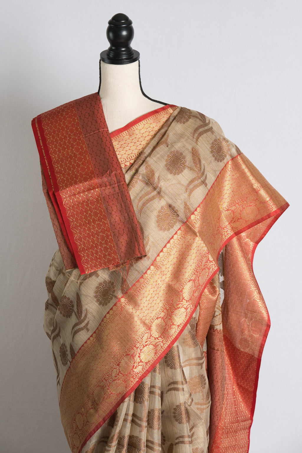 Zari Kota Banarasi Saree in Beige and Red