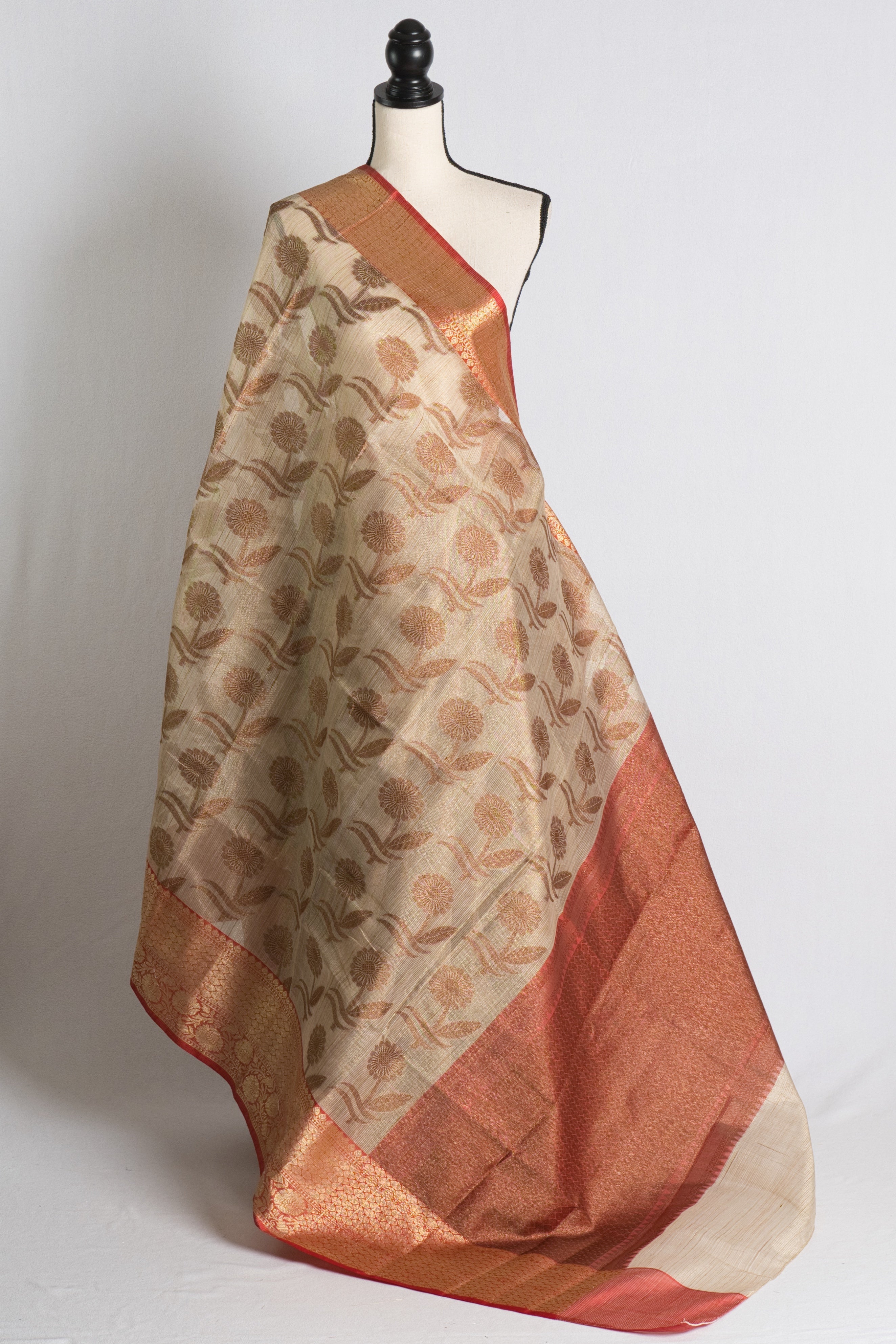 Zari Kota Banarasi Saree in Beige and Red