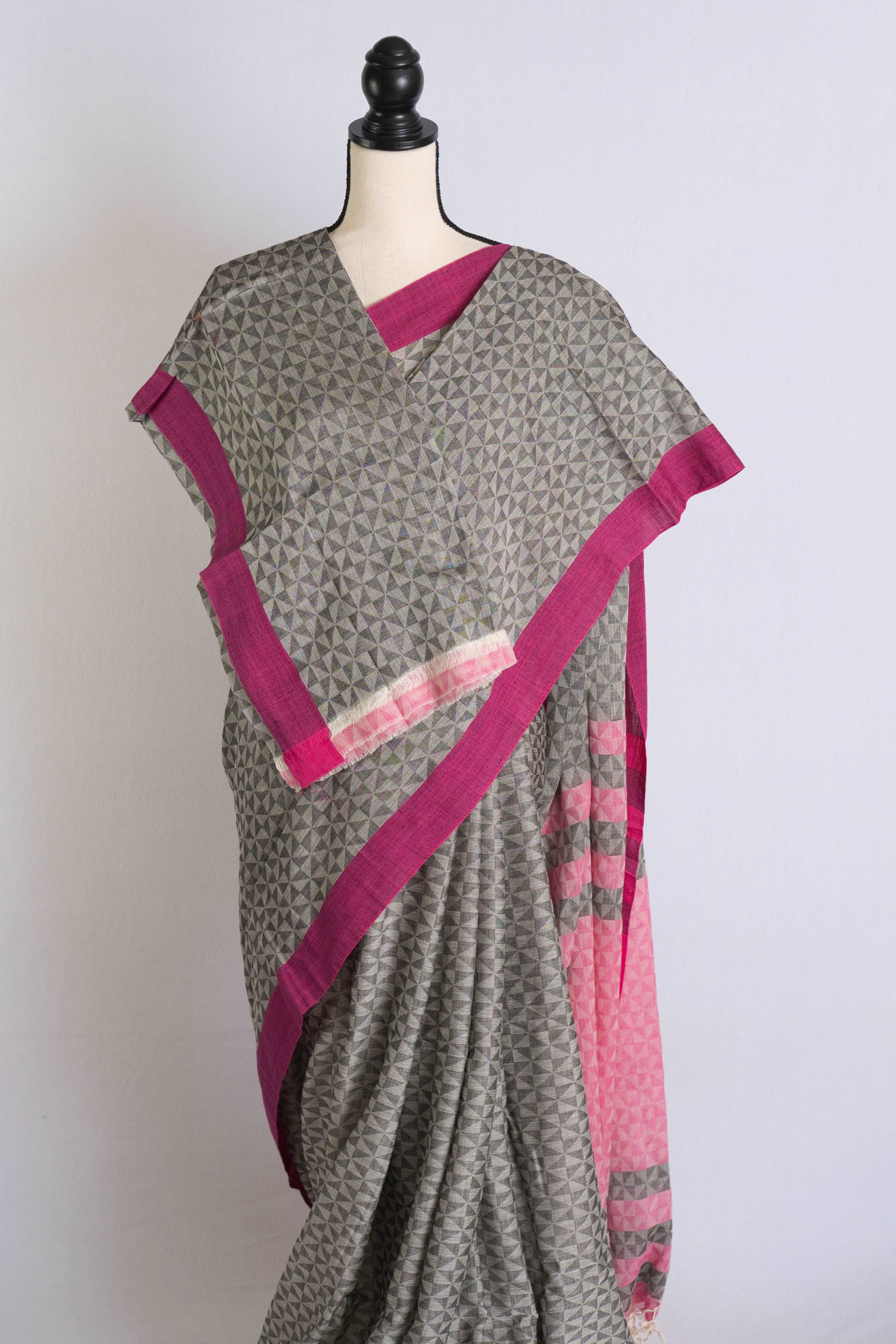 Exclusive Soft Cotton Saree with Woven Thread Work in Gray and Pink