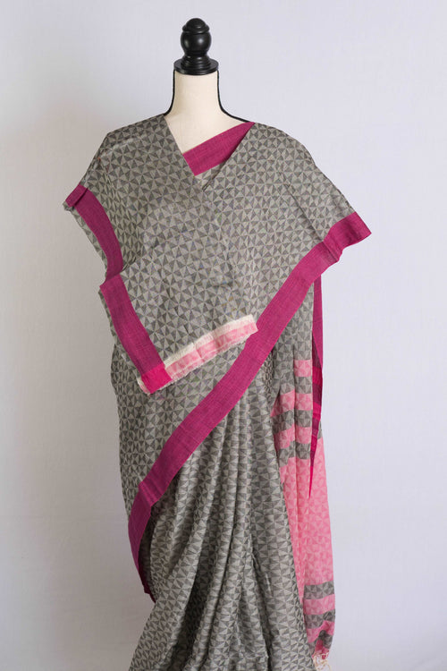 Exclusive Soft Cotton Saree with Woven Thread Work in Gray and Pink