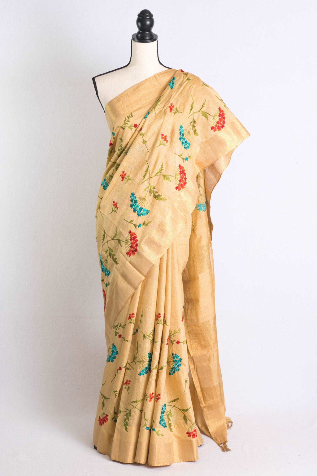 Semi Tussar Embroidery Saree in Beige with Gold Border