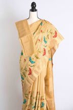 Semi Tussar Embroidery Saree in Beige with Gold Border