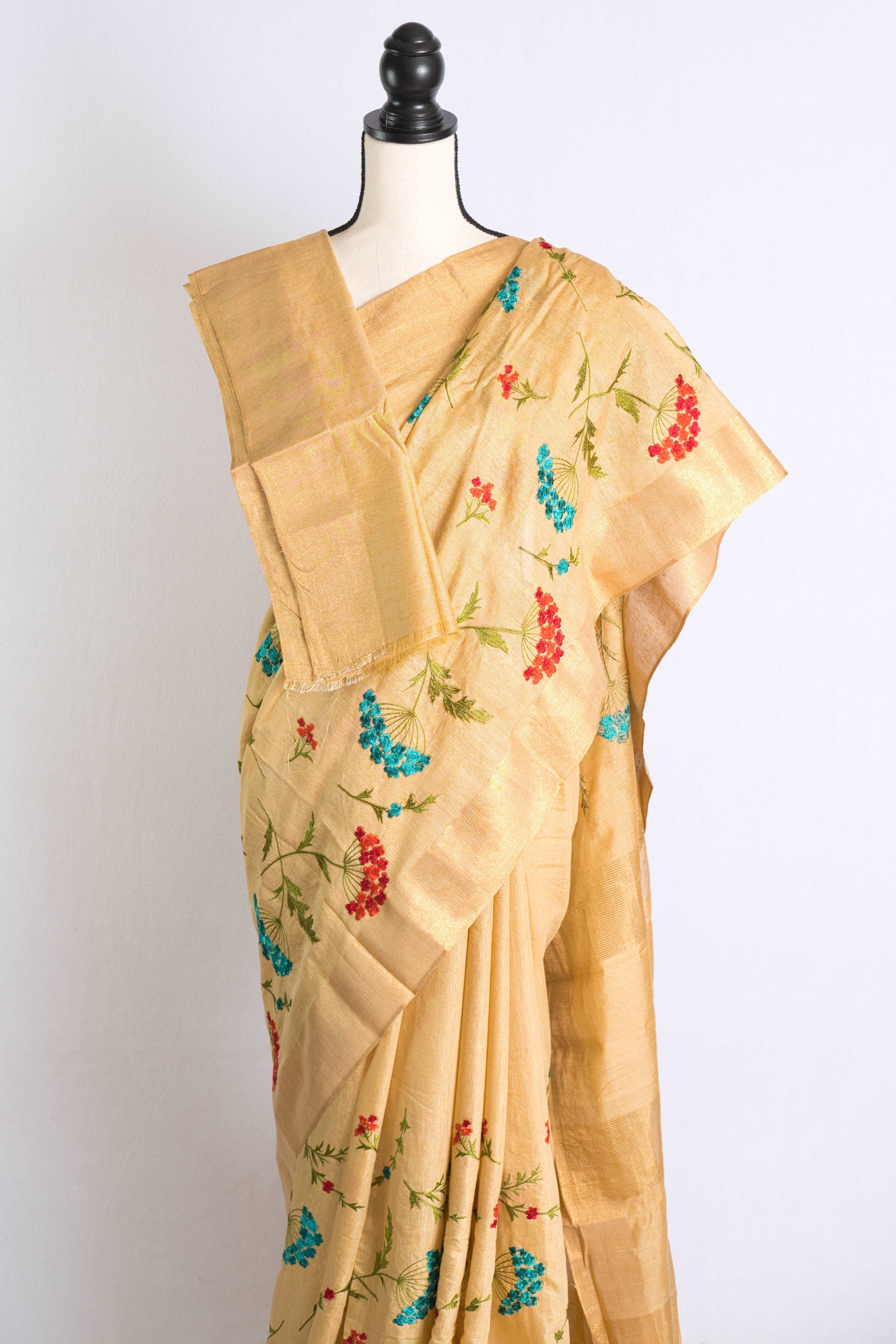 Semi Tussar Embroidery Saree in Beige with Gold Border