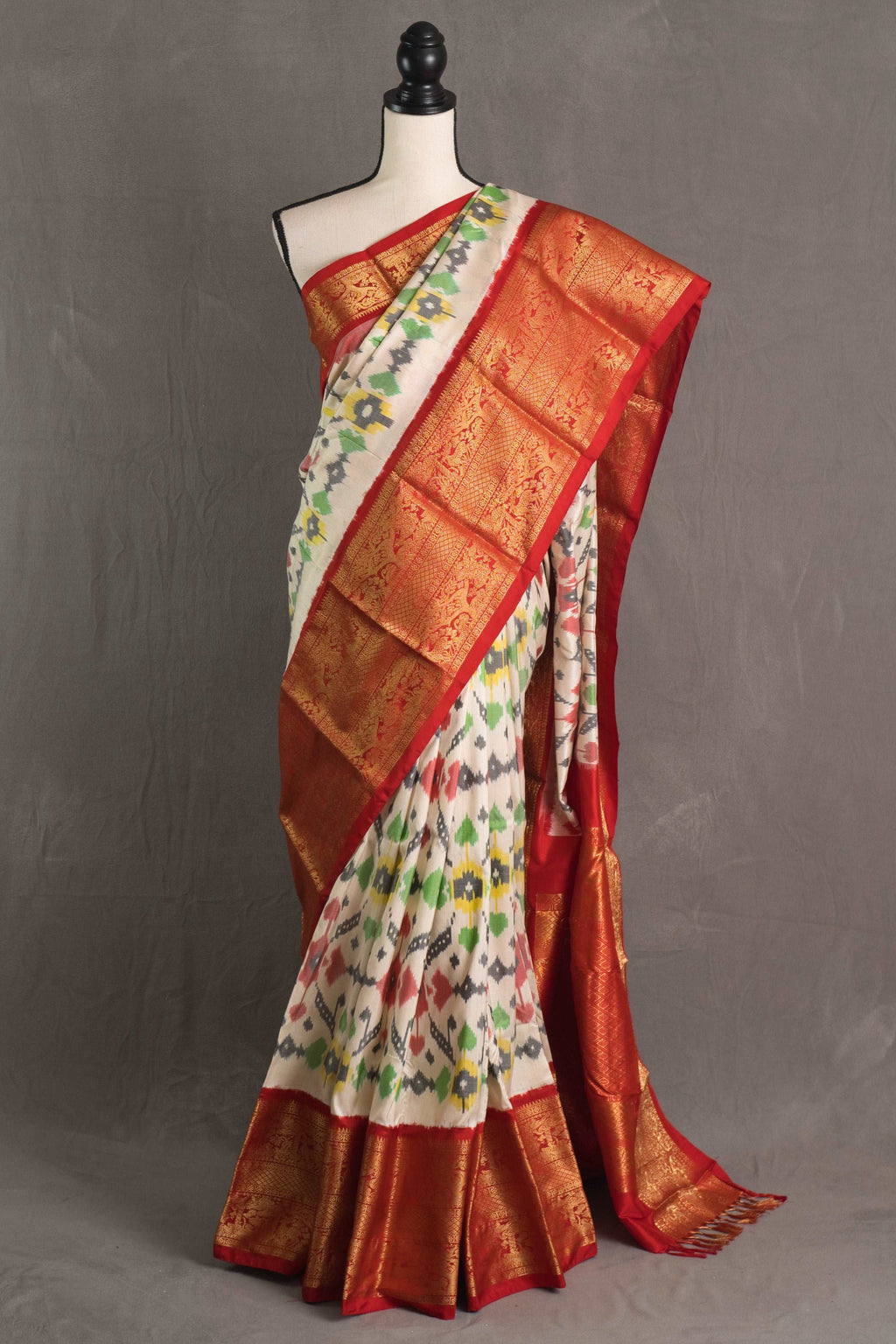 Ikkat Pochampally Saree with Kanjivaram Saree in Off White and Red