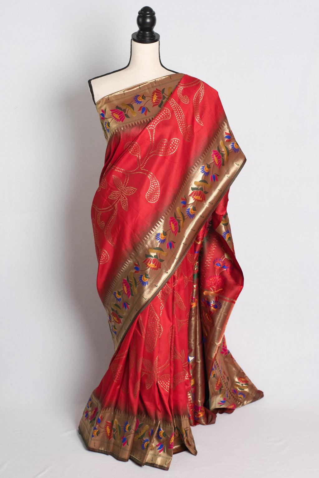 Lotus Motif Blended Paithani Saree in Dark Red and Gold