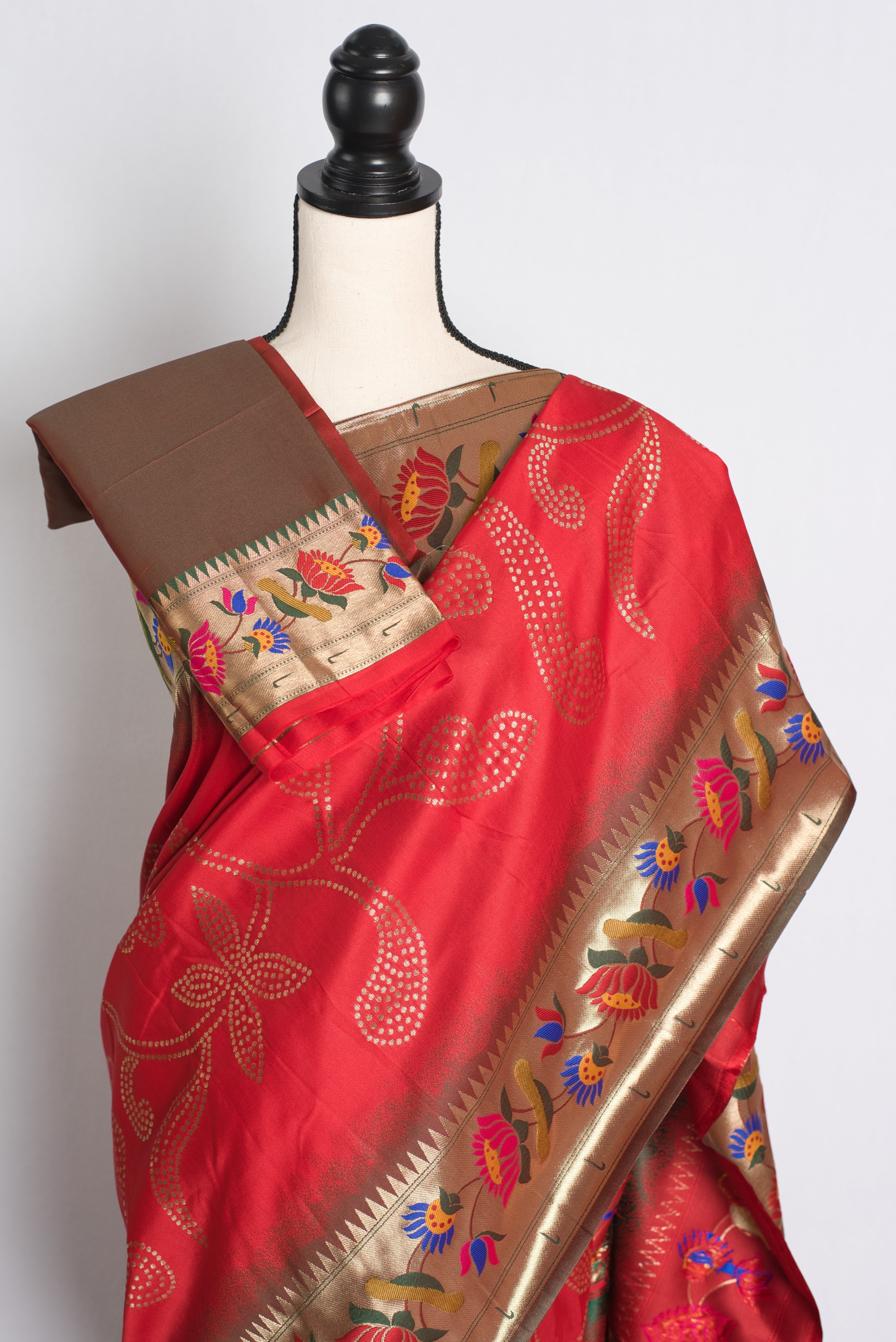 Lotus Motif Blended Paithani Saree in Dark Red and Gold