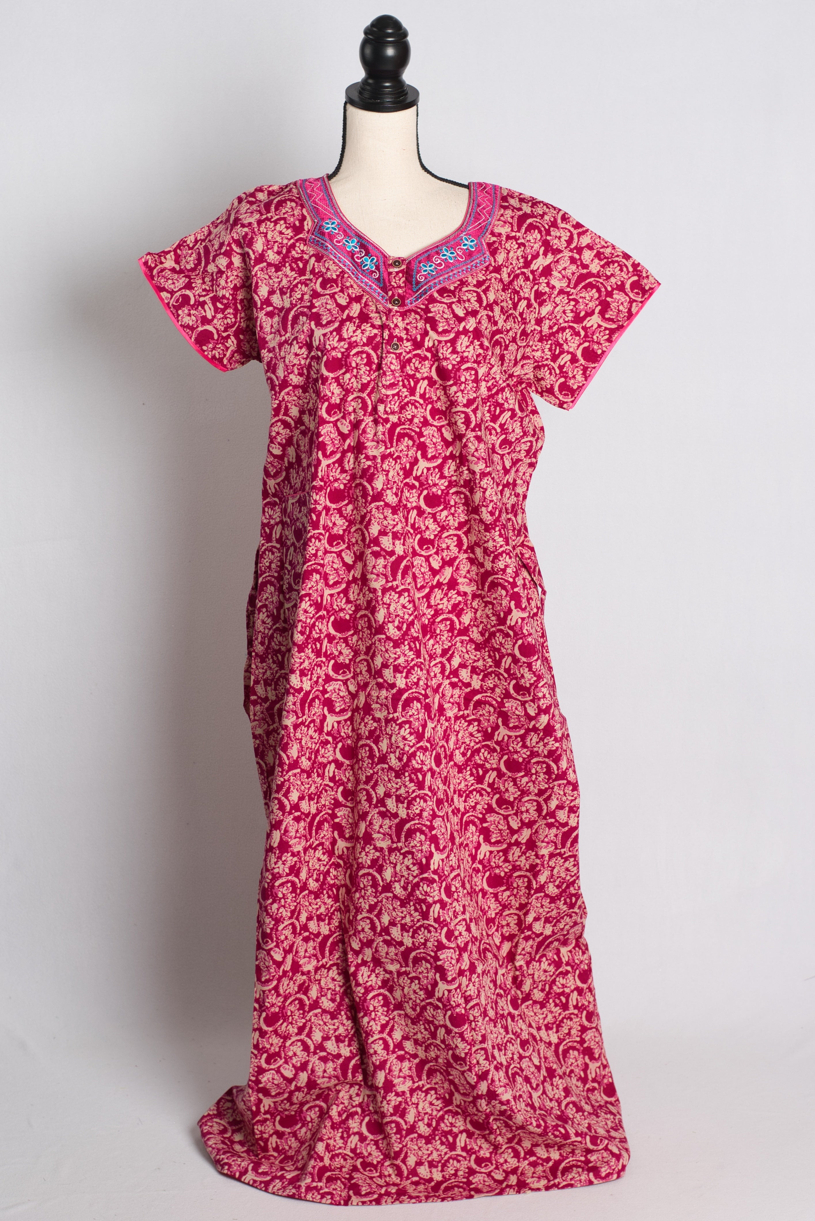 Pink Embroidery Pure Cotton Indian Women Nighty