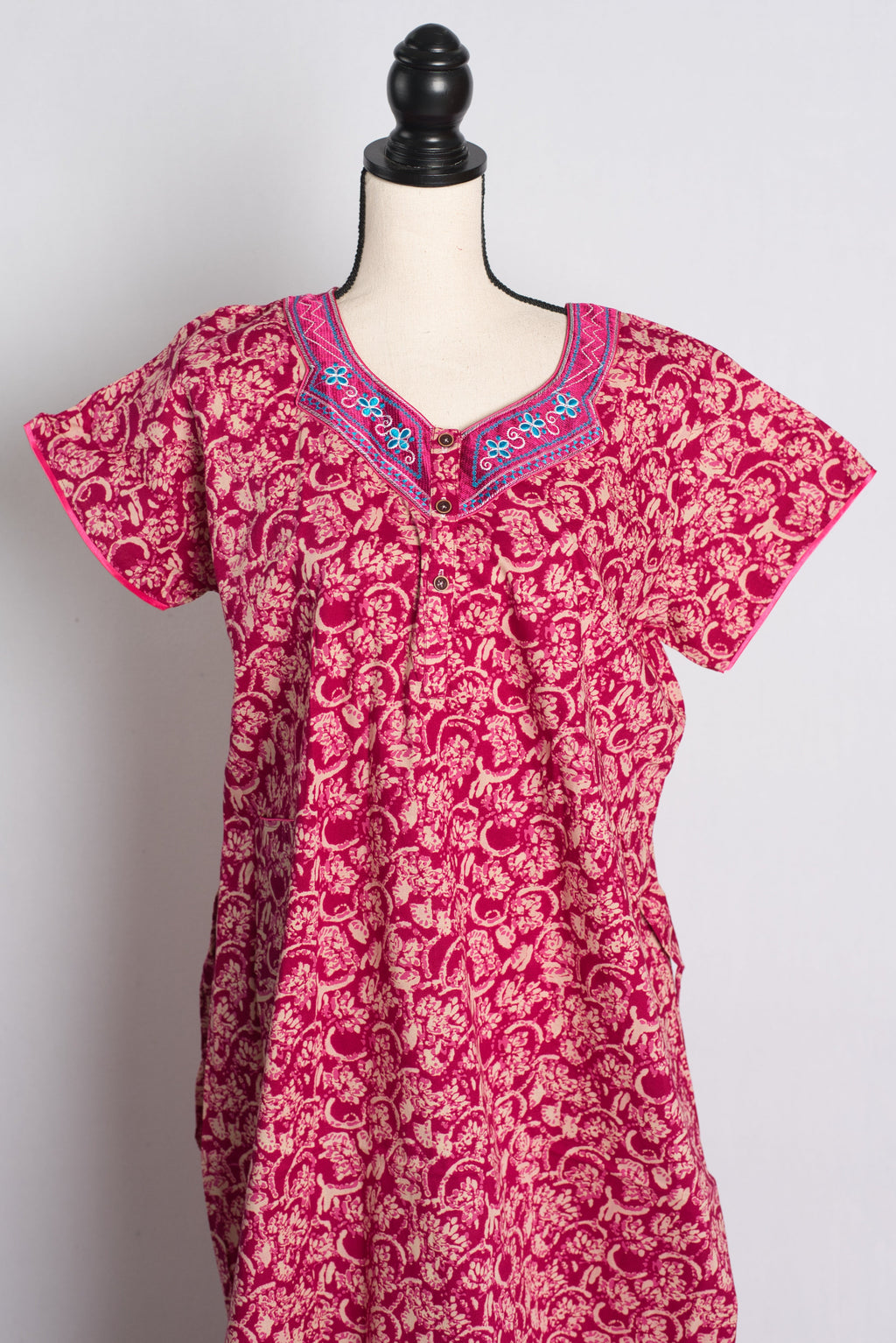 Pink Embroidery Pure Cotton Indian Women Nighty