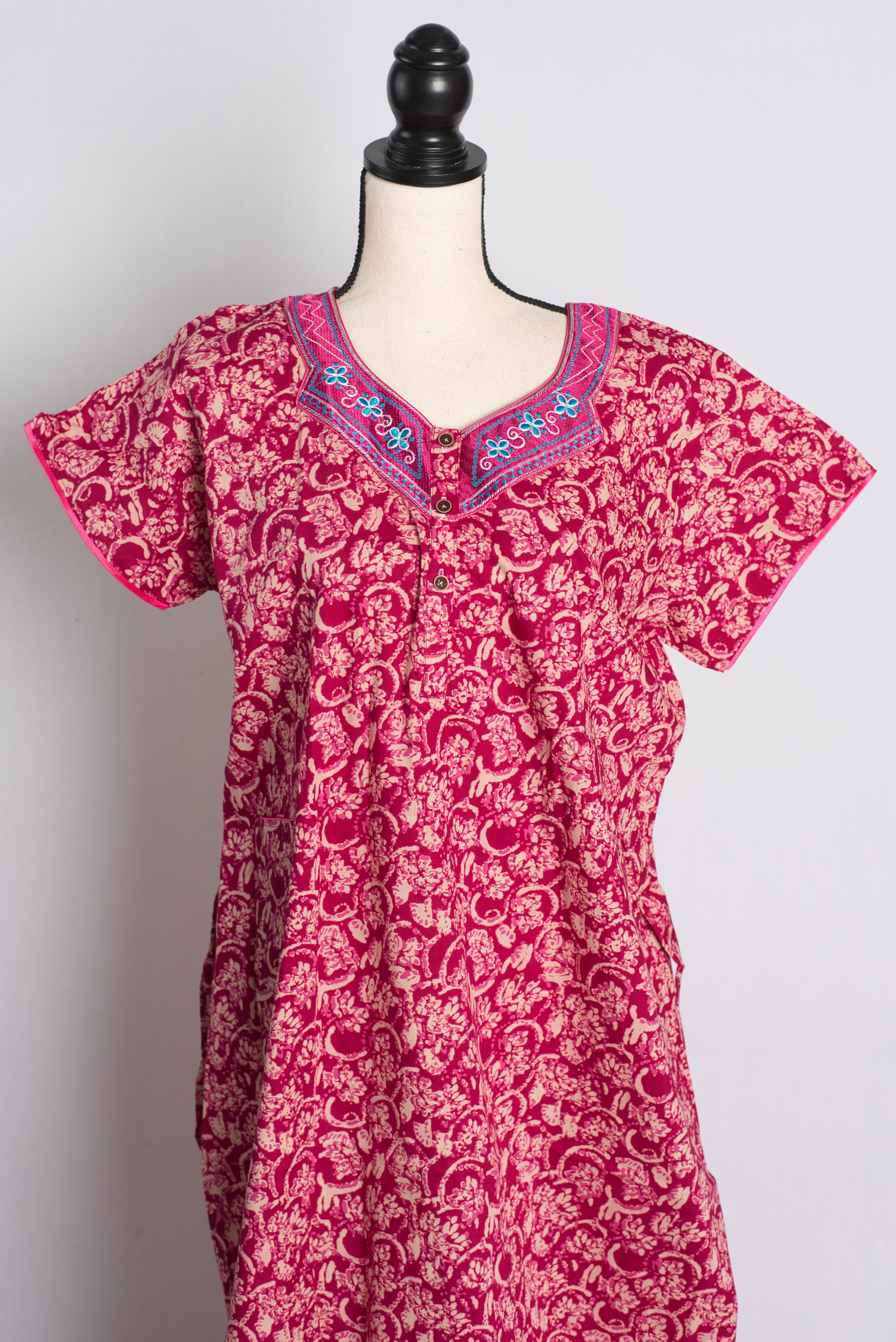 Pink Embroidery Pure Cotton Indian Women Nighty