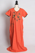 Orange Embroidery Pure Cotton Indian Women Nighty