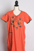 Orange Embroidery Pure Cotton Indian Women Nighty