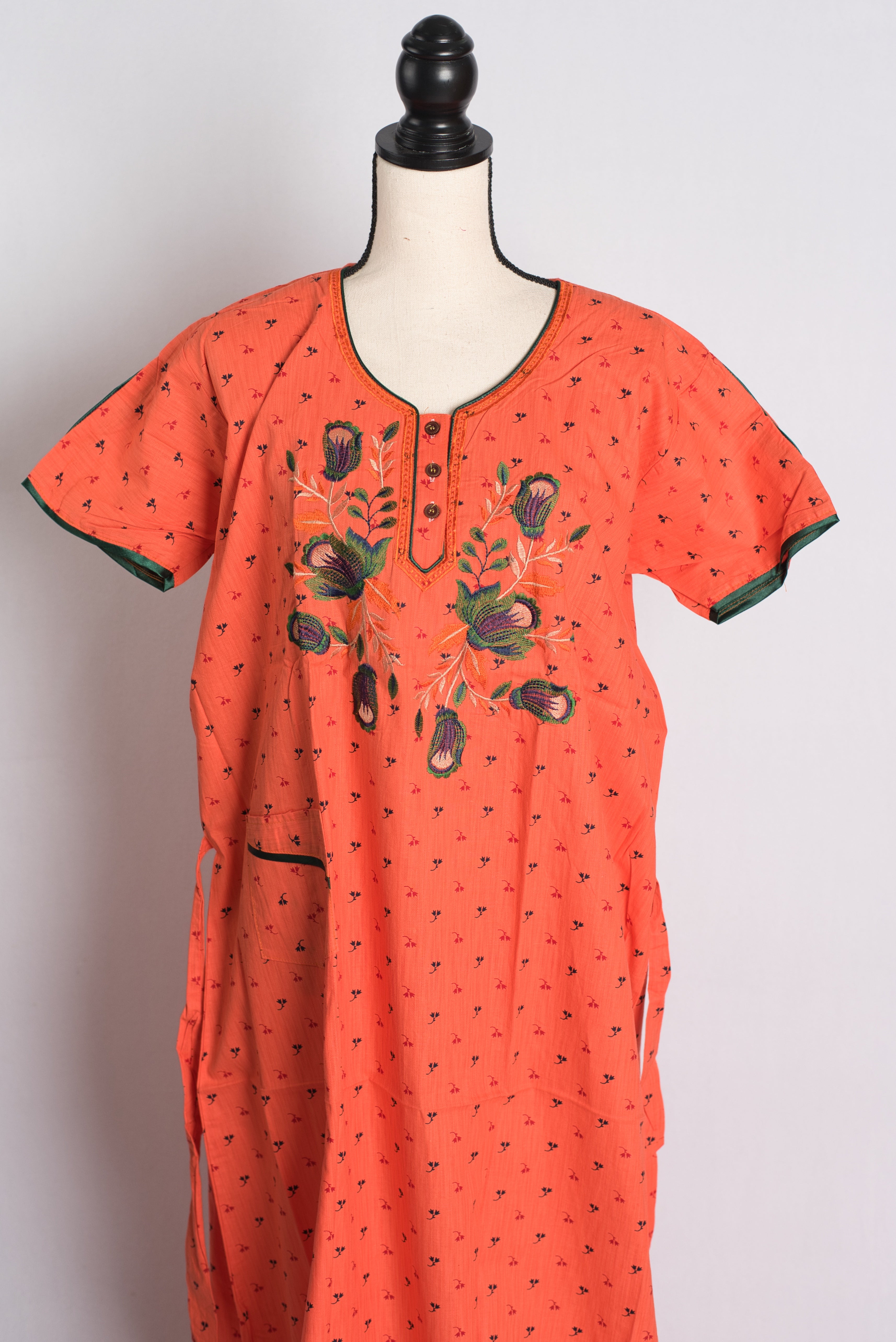 Orange Embroidery Pure Cotton Indian Women Nighty