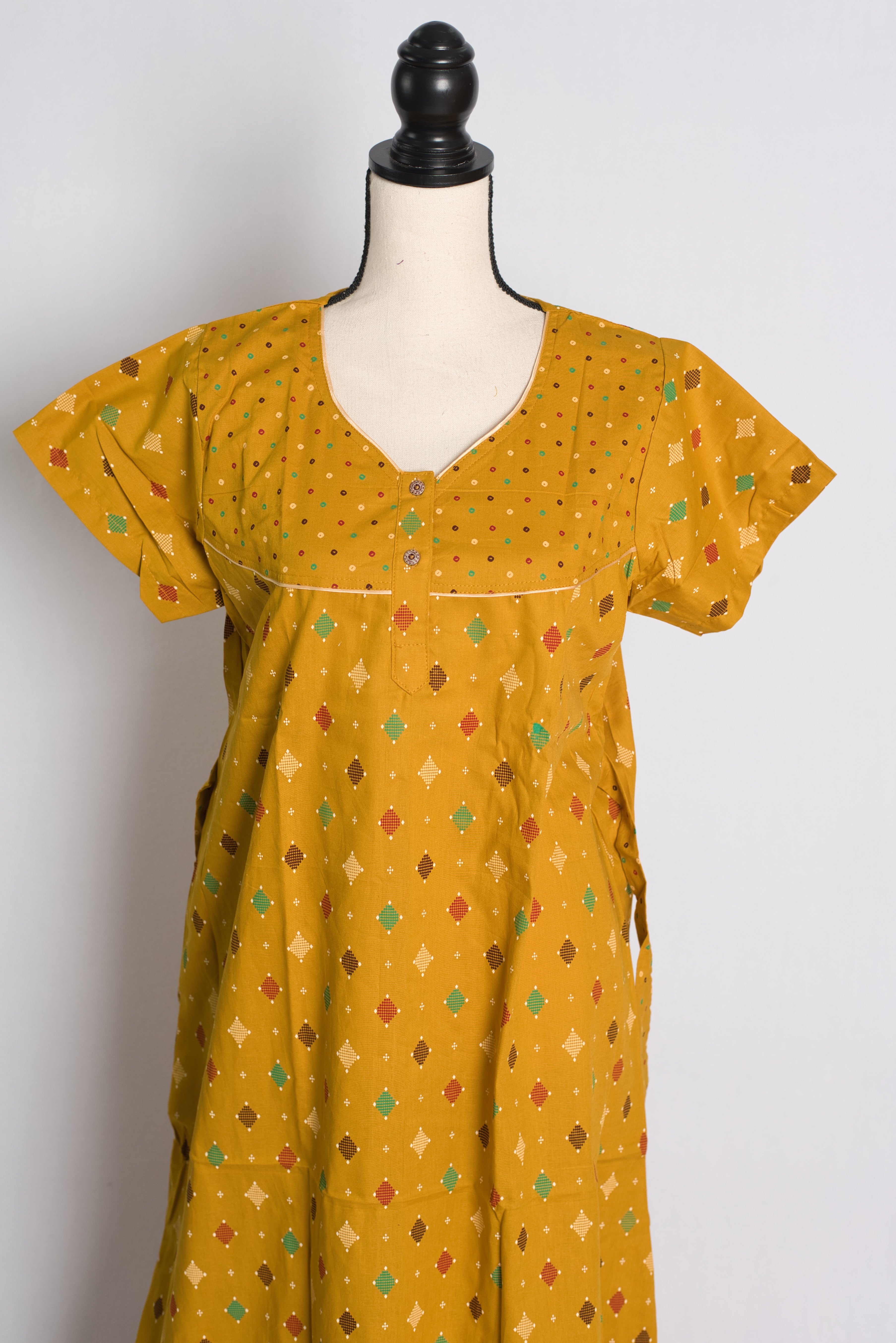 Yellow Ikkat Print Pure Cotton Indian Women Nighty