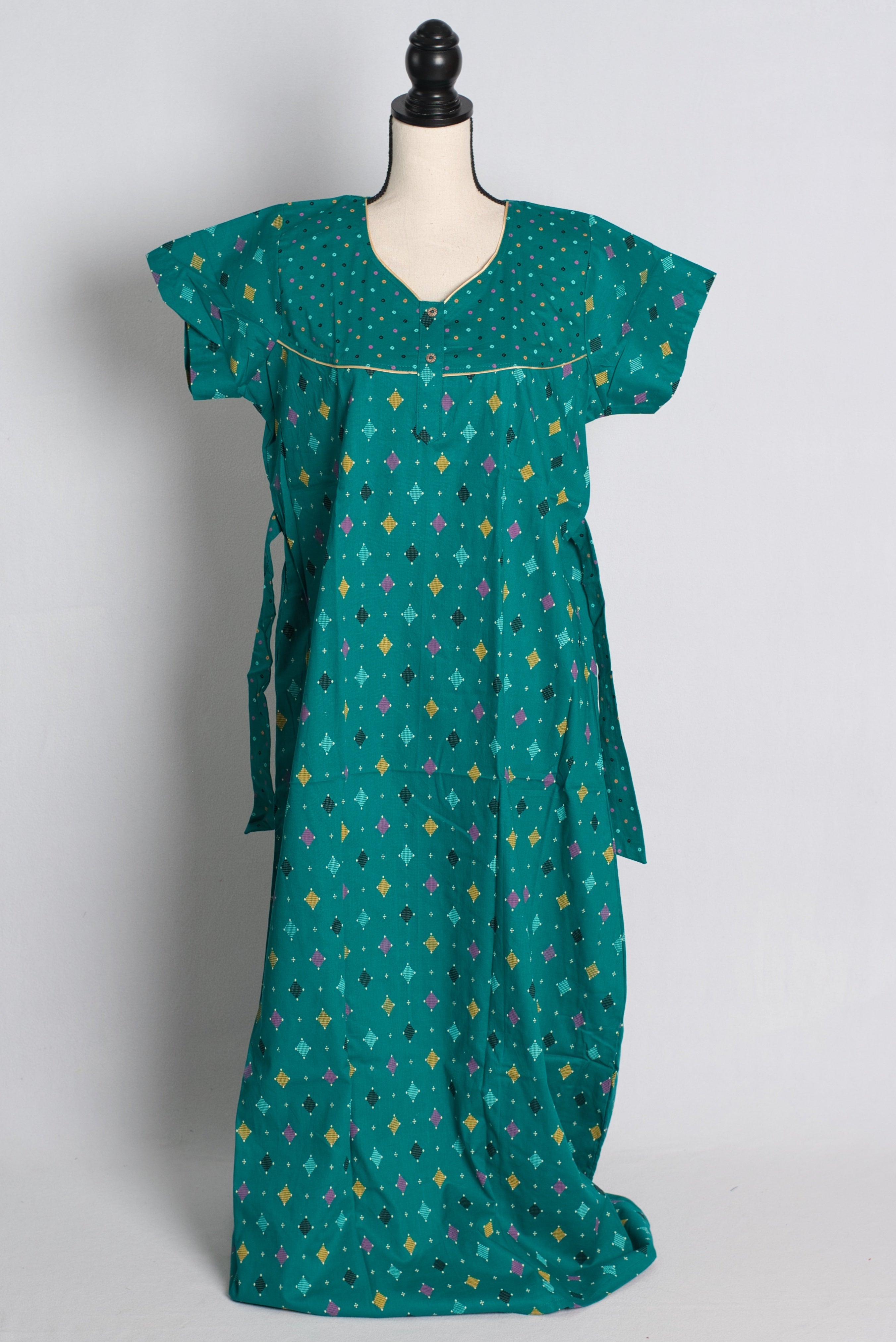 Rama Green Ikkat Print Pure Cotton Indian Women Nighty