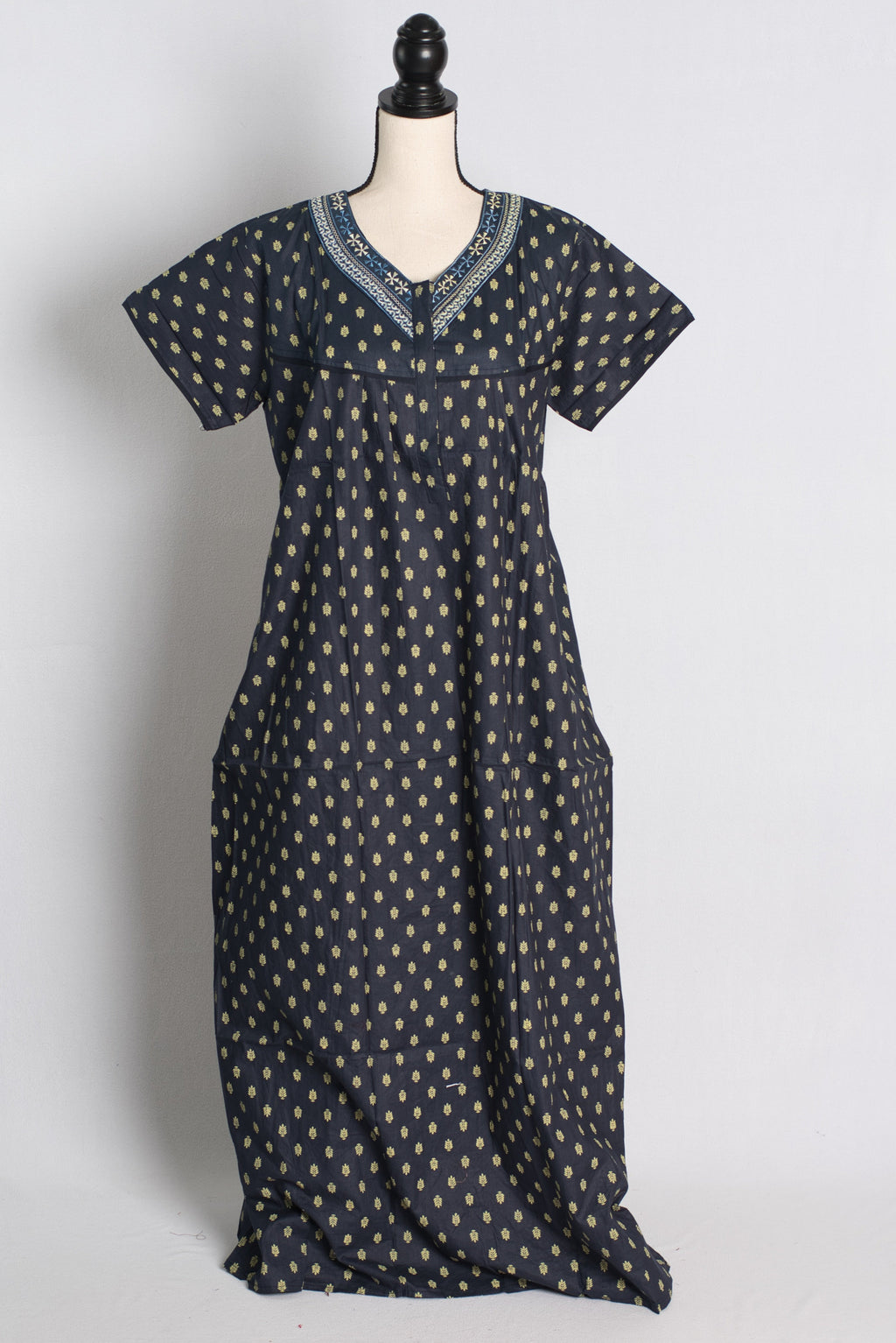Pure Cotton Black Embroidered Indian Nighty