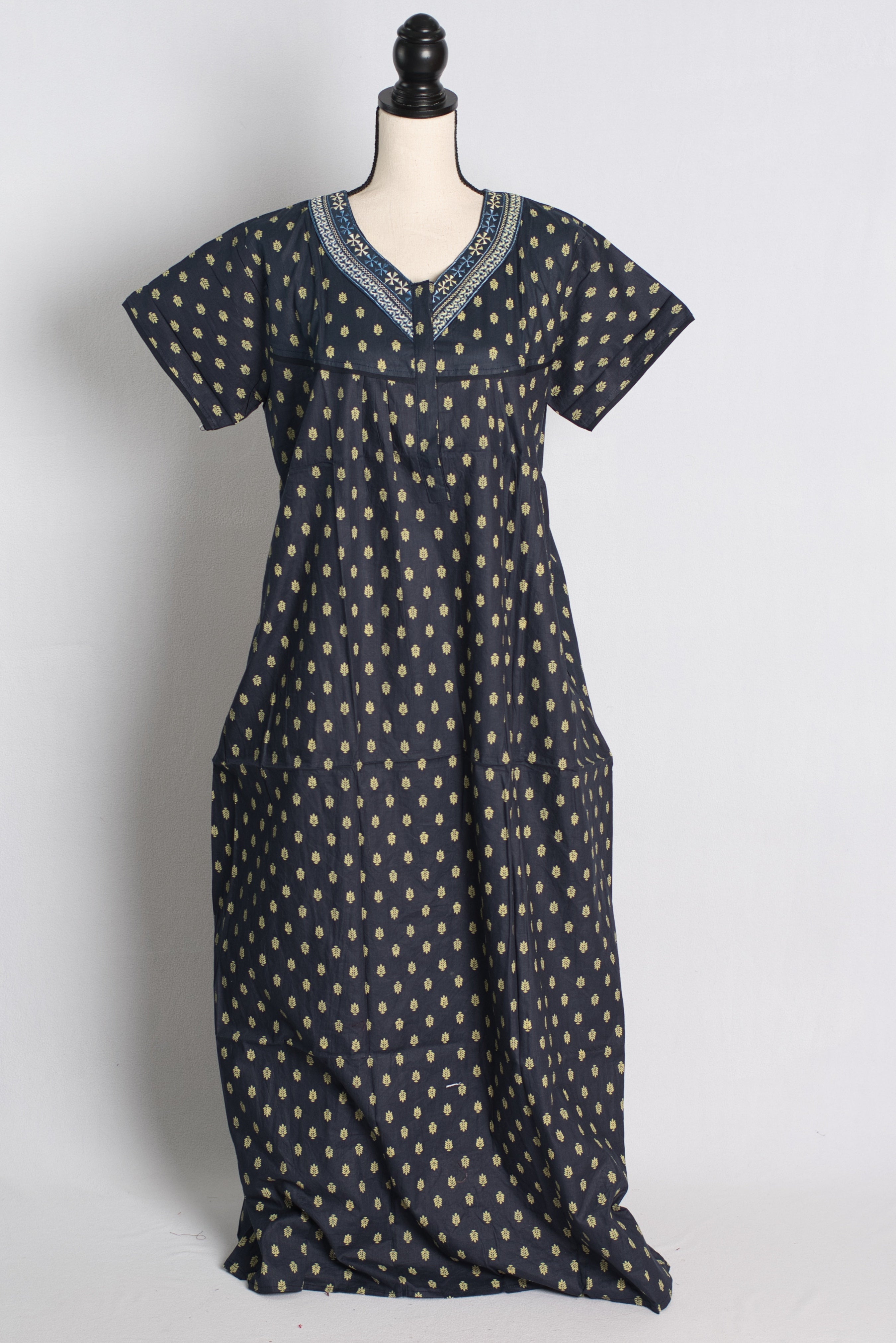 Pure Cotton Black Embroidered Indian Nighty