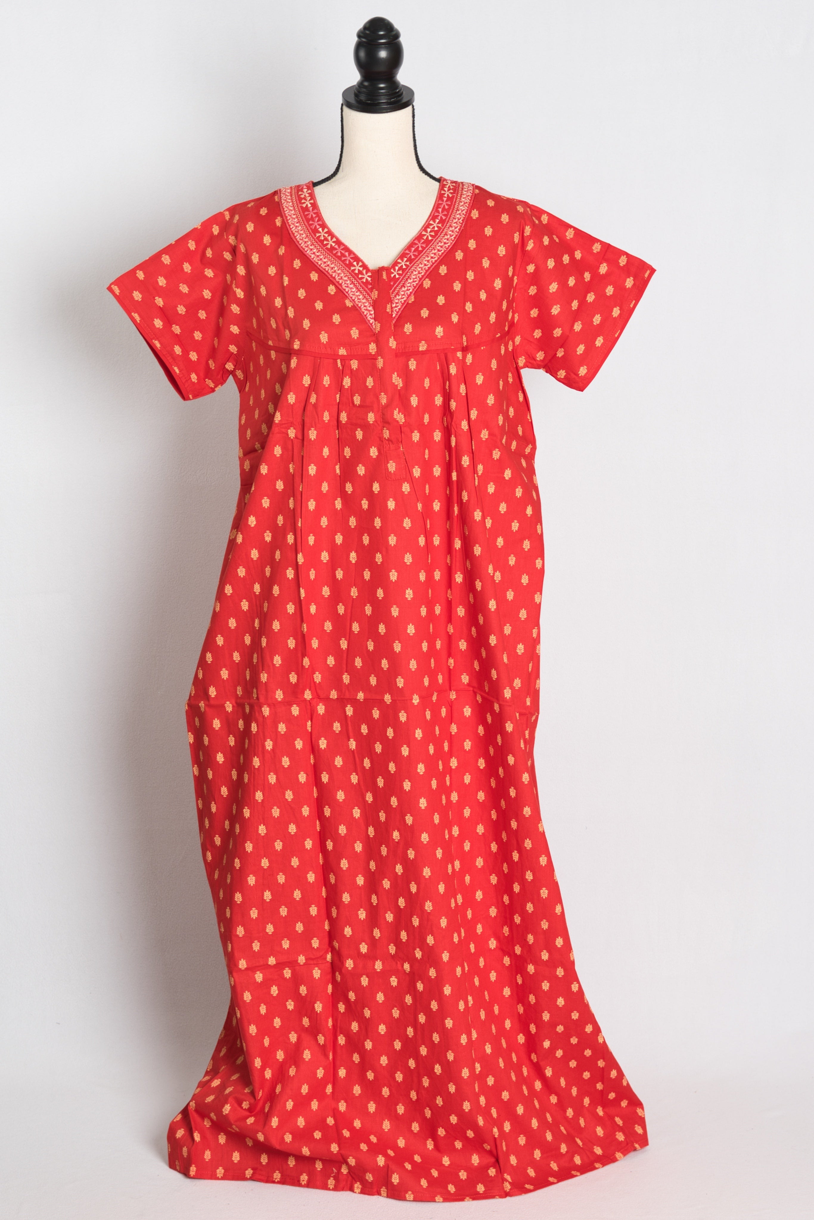 Pure Cotton Red Embroidered Indian Nighty