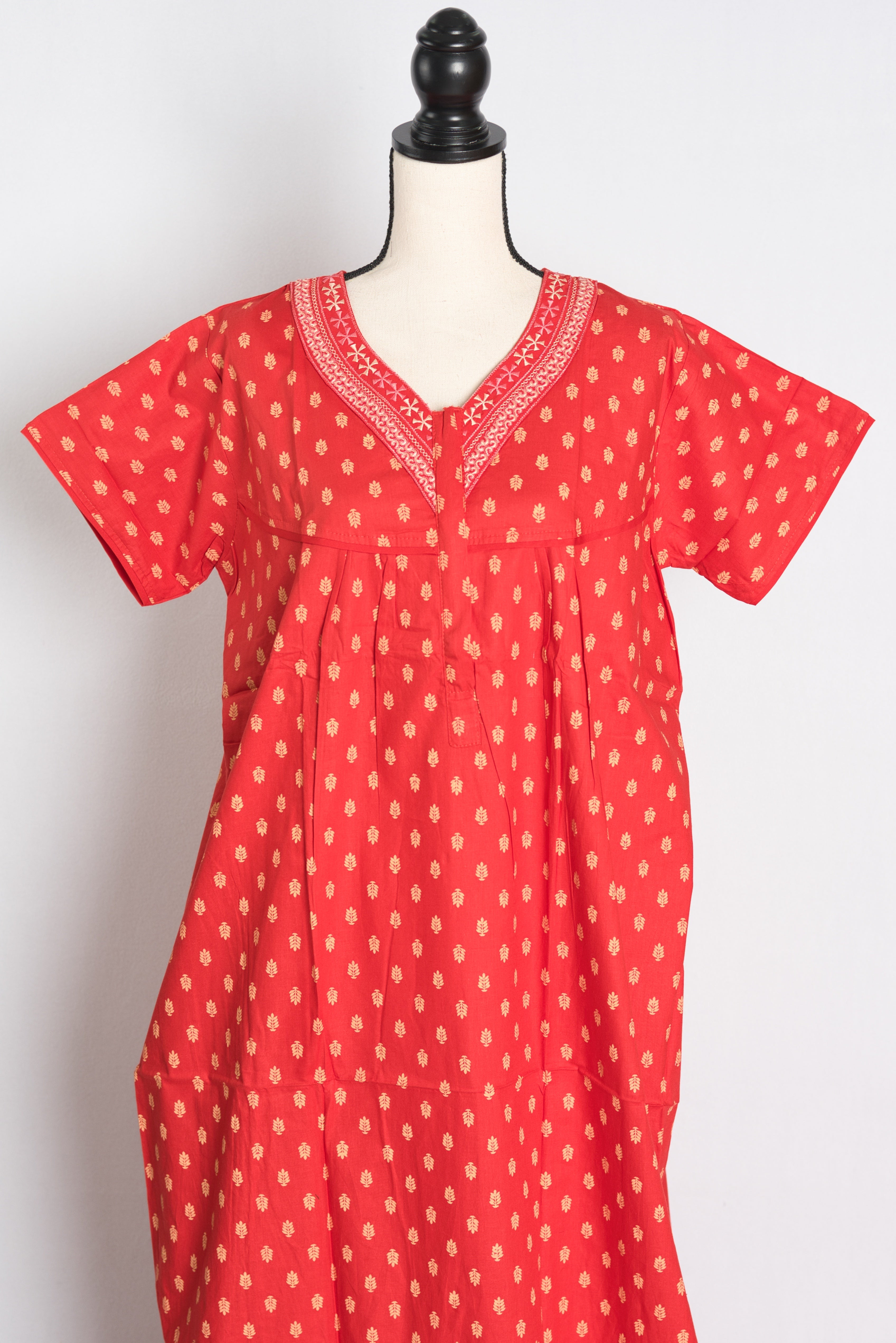 Pure Cotton Red Embroidered Indian Nighty