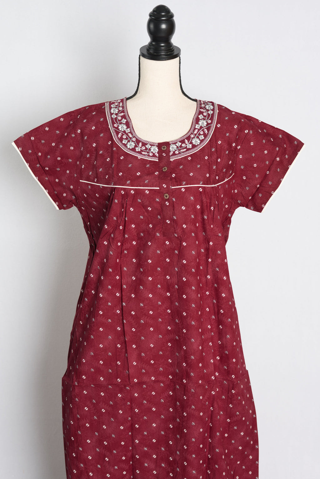 Pure Cotton Maroon Embroidered Indian Nighty — Style A (Jan)
