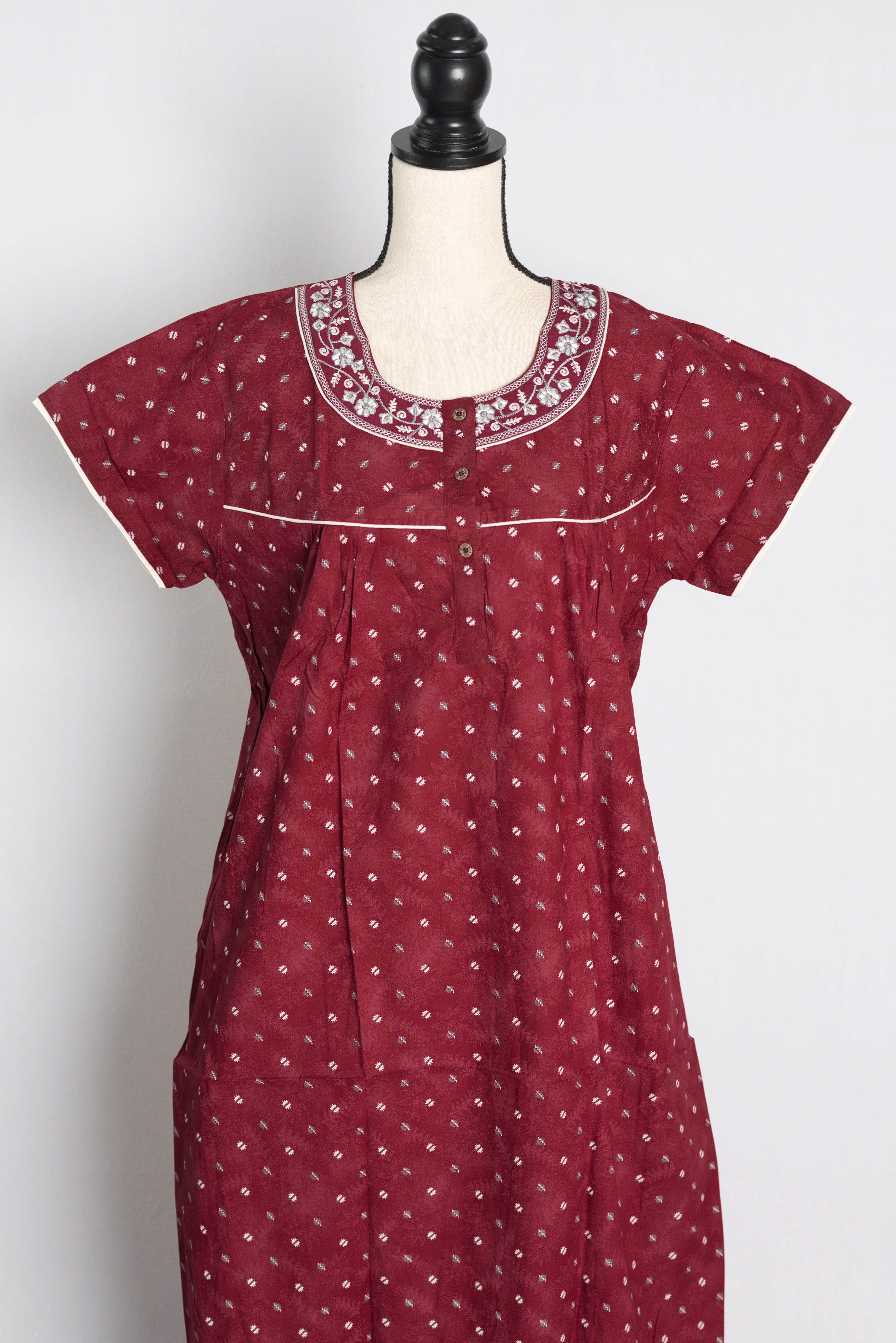 Pure Cotton Maroon Embroidered Indian Nighty — Style A (Jan)