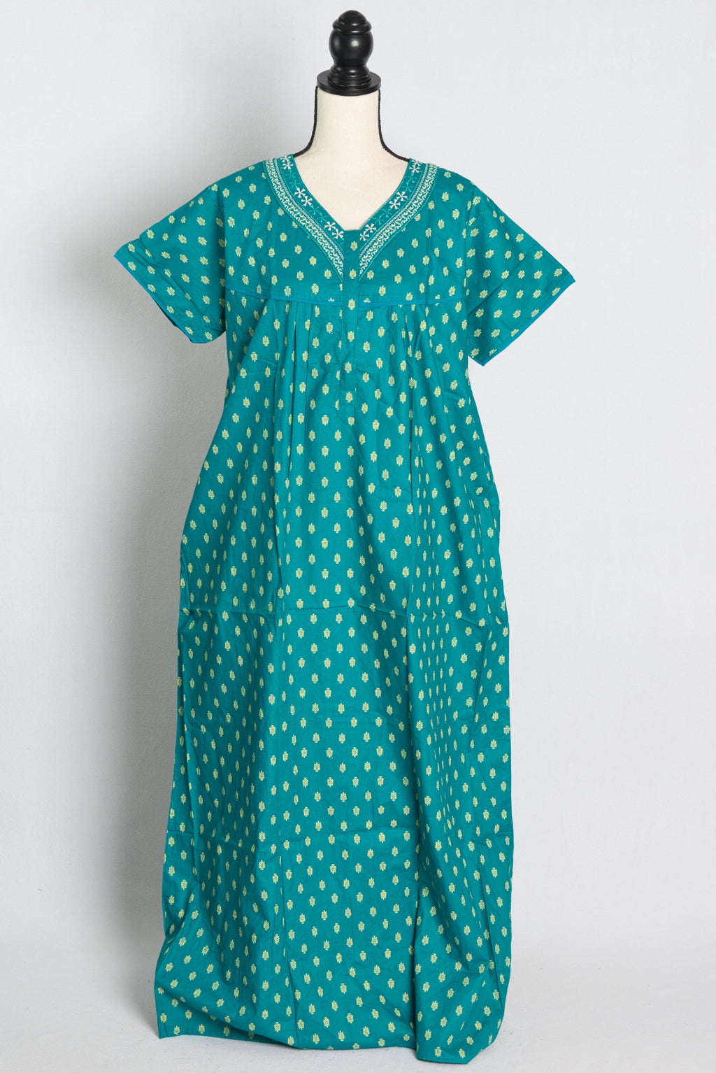 Pure Cotton Rama Blue Embroidered Indian Nighty in Regular Size