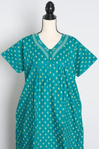 Pure Cotton Rama Blue Embroidered Indian Nighty in Regular Size