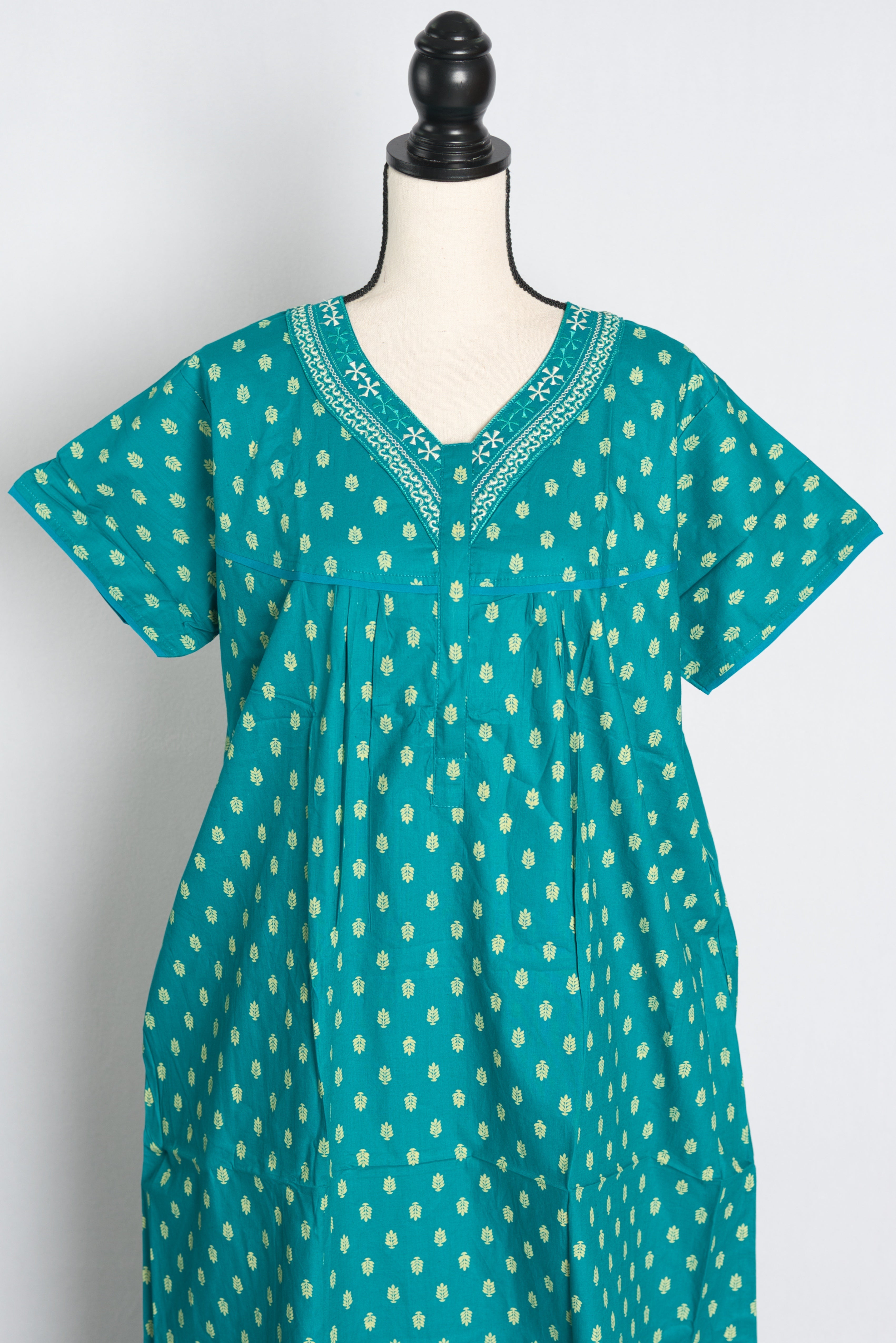 Pure Cotton Rama Blue Embroidered Indian Nighty in Regular Size