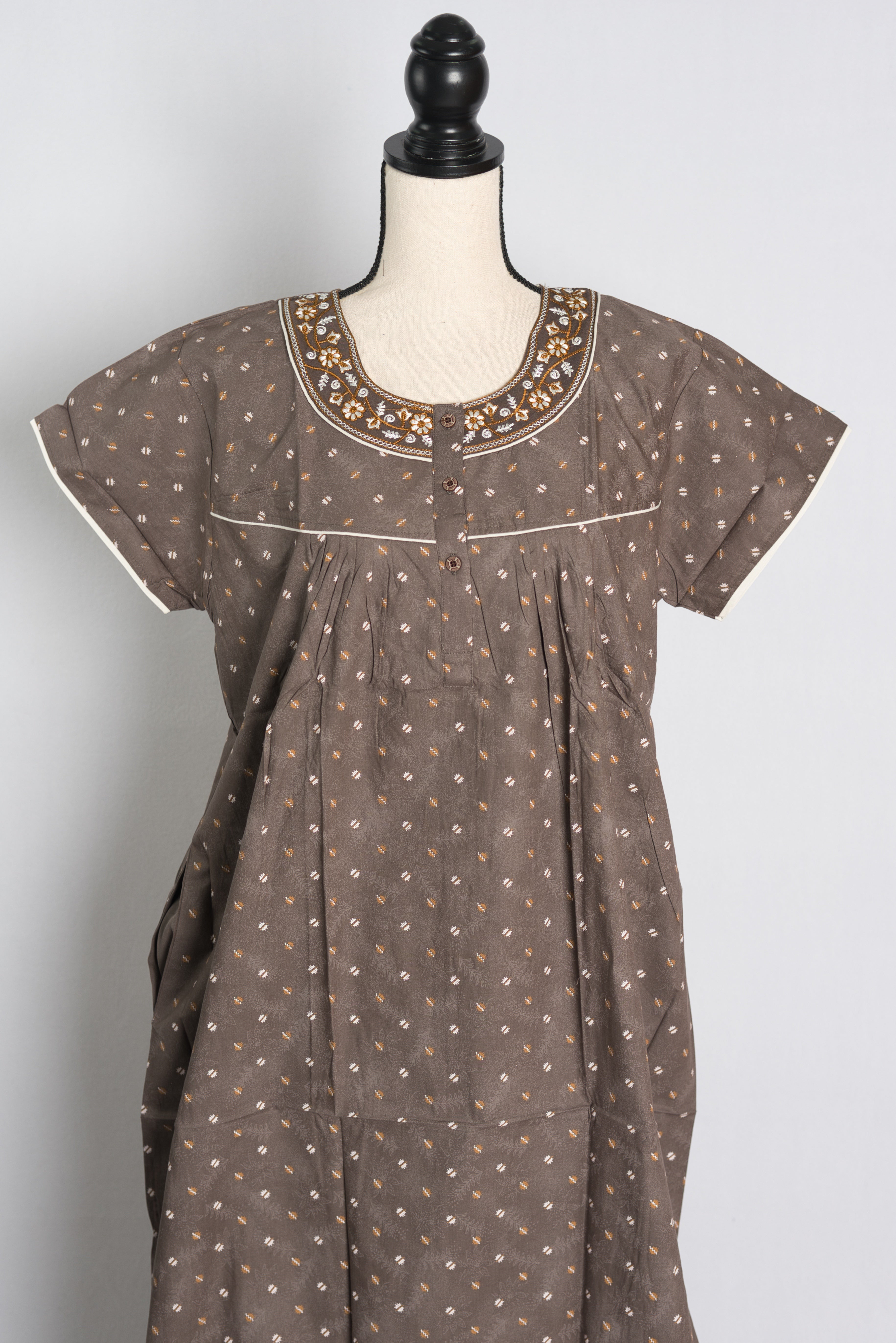 Pure Cotton Brown Embroidered Indian Nighty