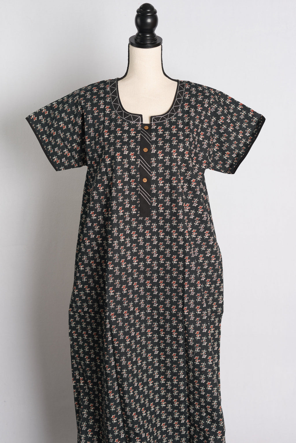 Pure Cotton Black Printed Indian Nighty in Regular Size