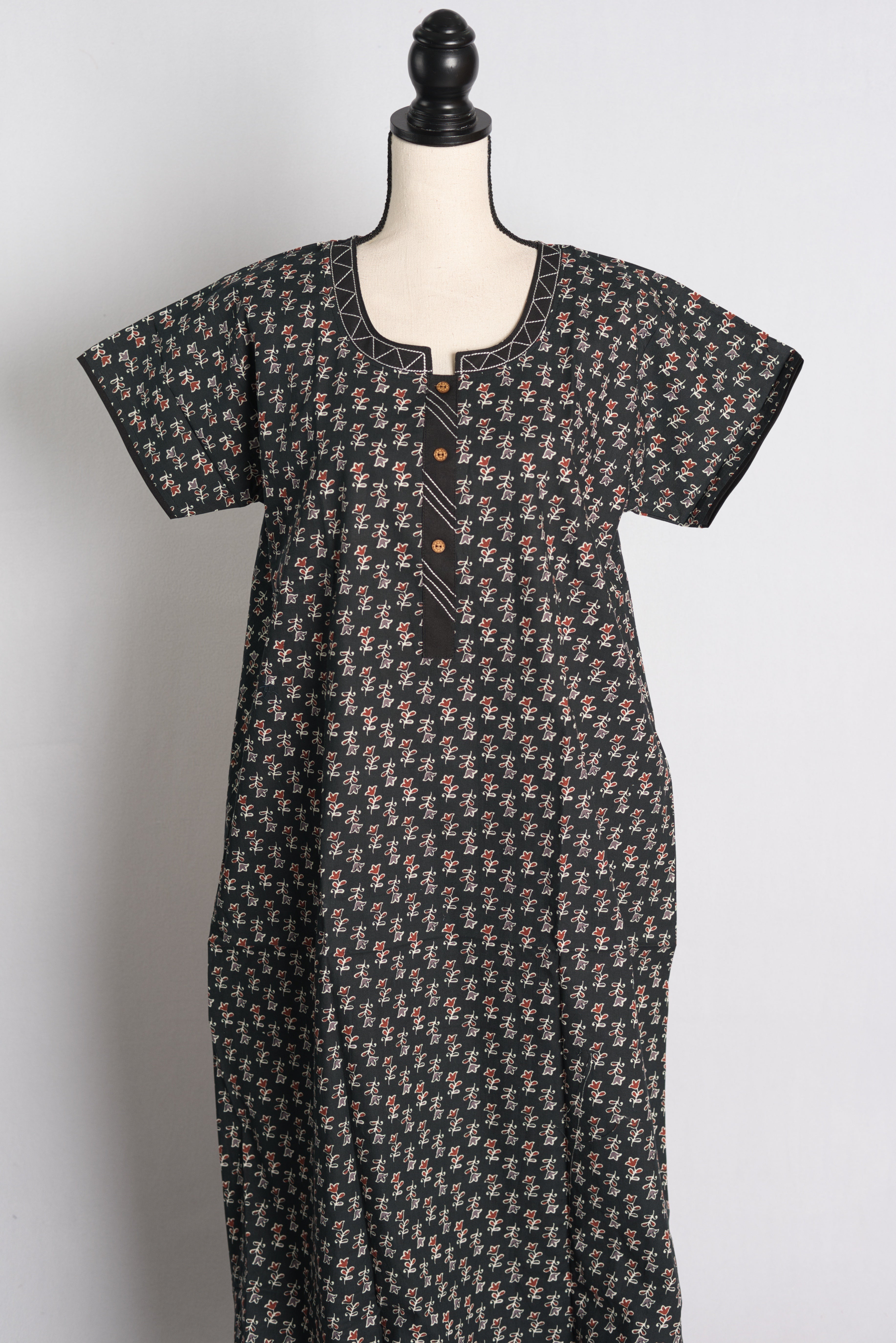 Pure Cotton Black Printed Indian Nighty in Regular Size