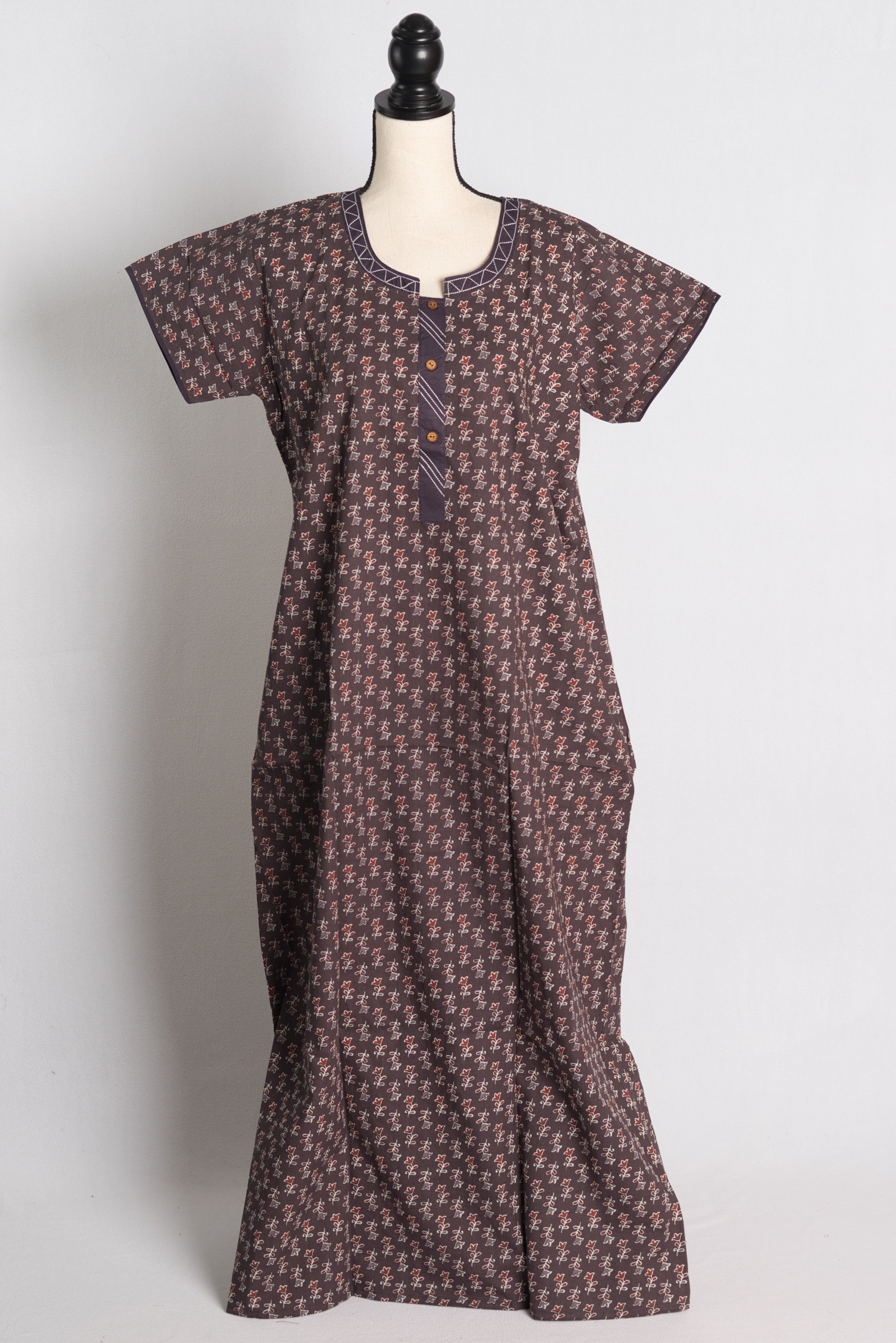 Pure Cotton Brown Printed Indian Nighty in Regular Size