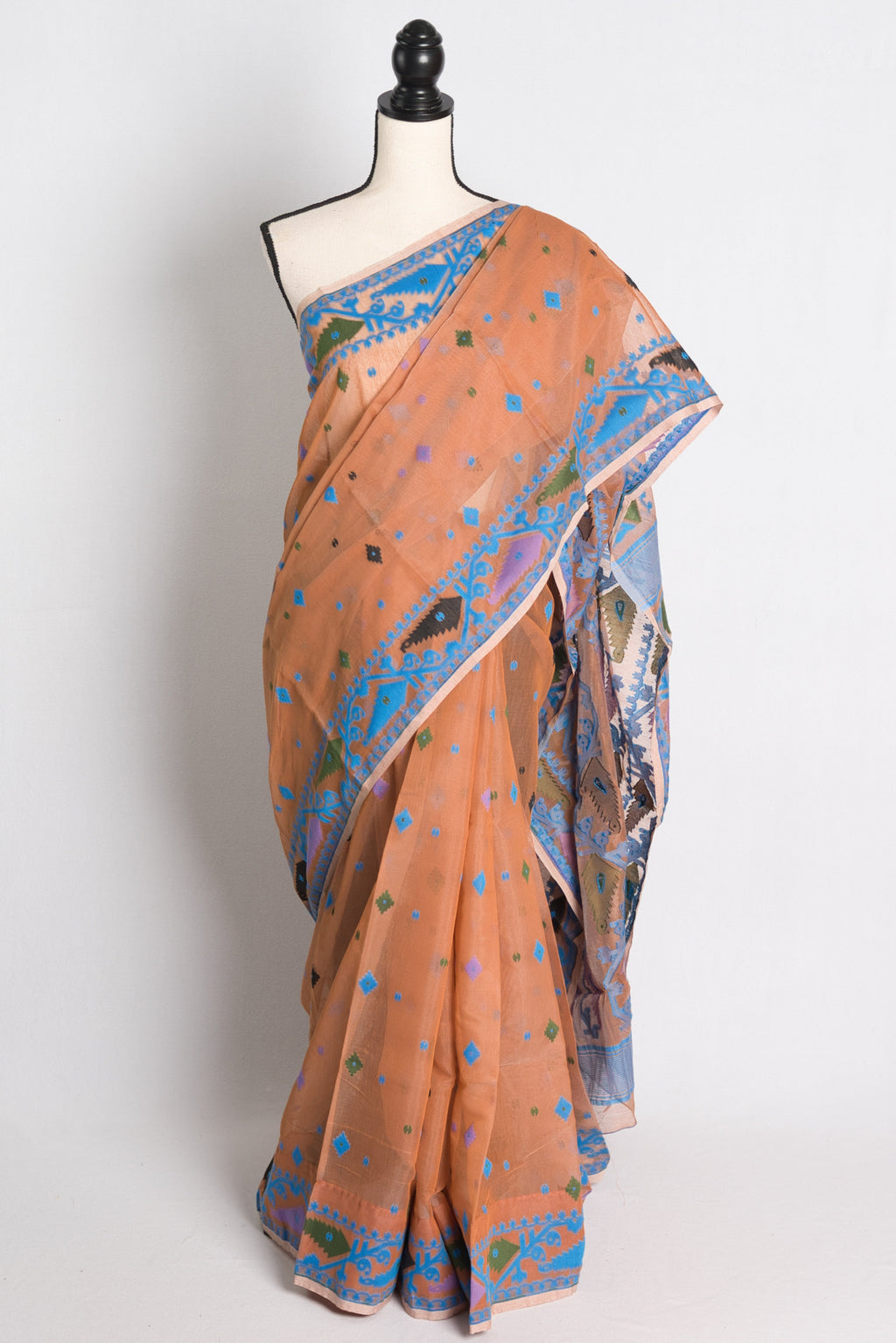 Soft Jamdani Saree in Brown and Blue