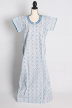 Printed White and Blue Cotton Nightwear in Regular Size