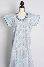 Printed White and Blue Cotton Nightwear in Regular Size