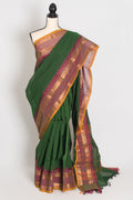 Janaki : Handwoven Kanchi Cotton Saree in Green and Matte Purple